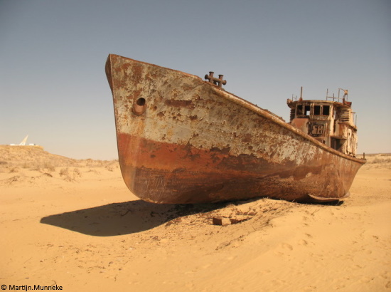 A rusting ship stranded
